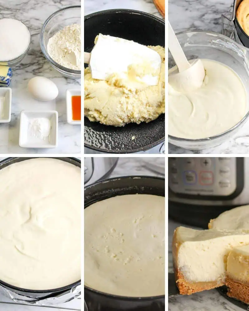 In-process recipe steps to make Instant Pot Sugar Cookie Cheesecake.