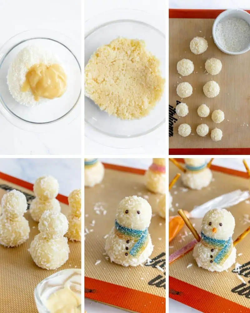 In-process recipe images to make snowman truffles.