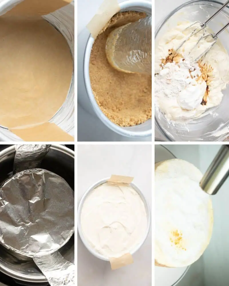In-process pictures for making Instant Pot Crème Brulee Cheesecake.