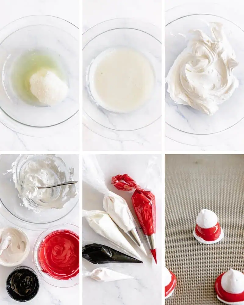 In-process recipe steps to make Santa Claus meringues.