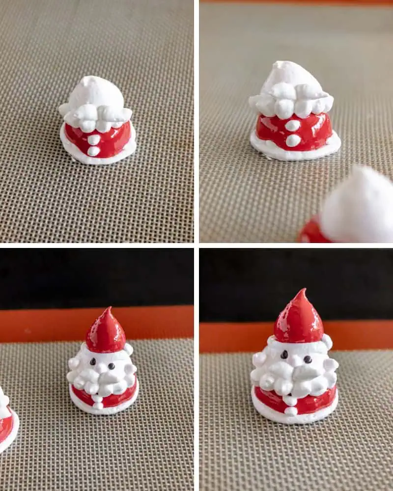 In-process recipe steps to making Santa Claus meringues.