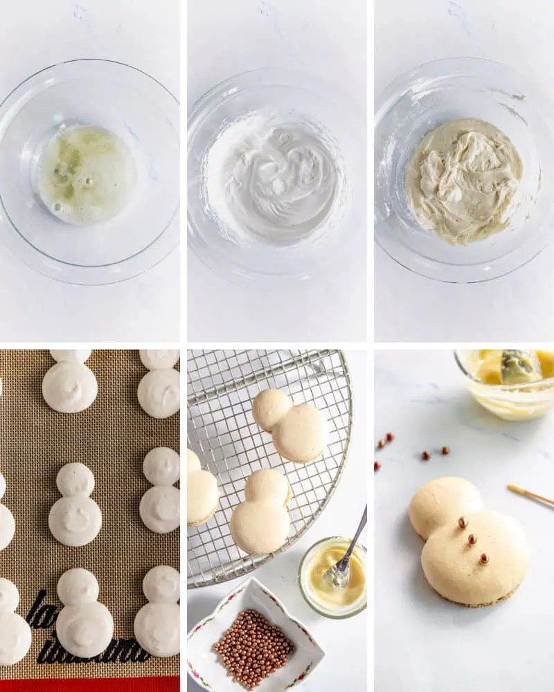 In-process recipe images for making snowman macarons.