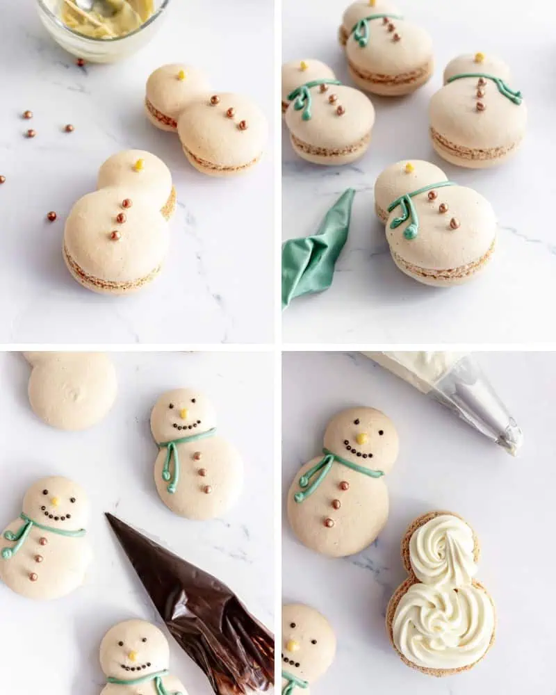 In-process recipe images for making snowman macarons.