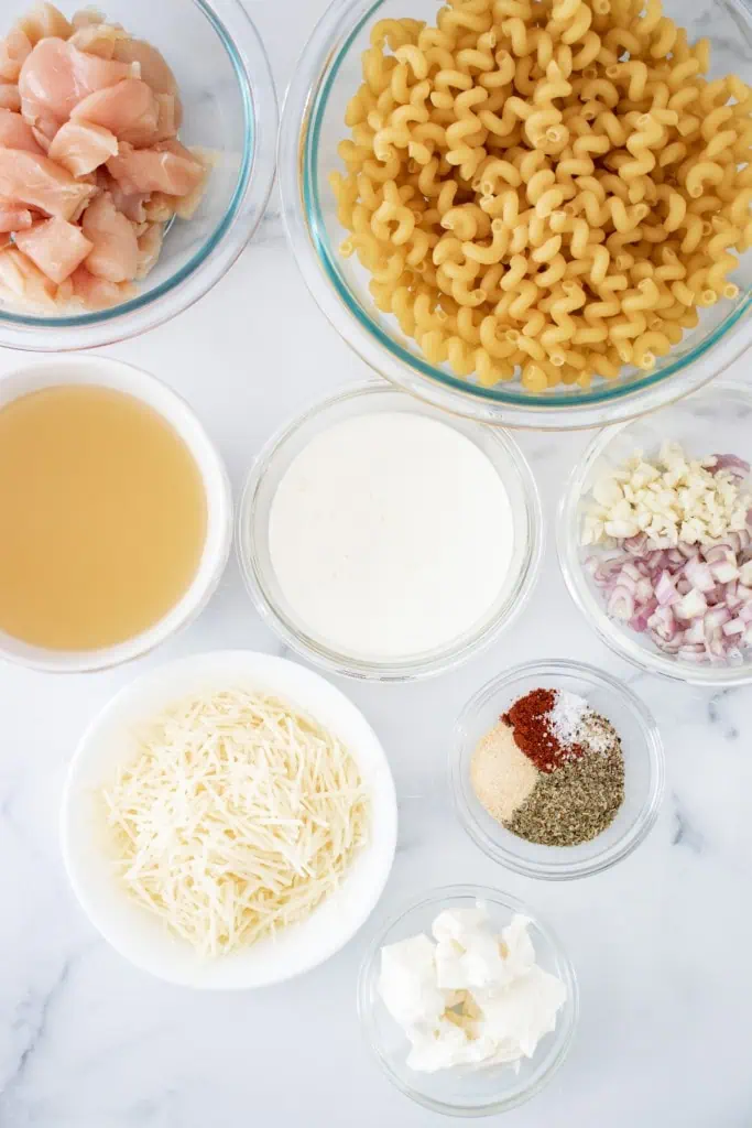 Ingredients to make Instant Pot cheesy garlicky pasta.