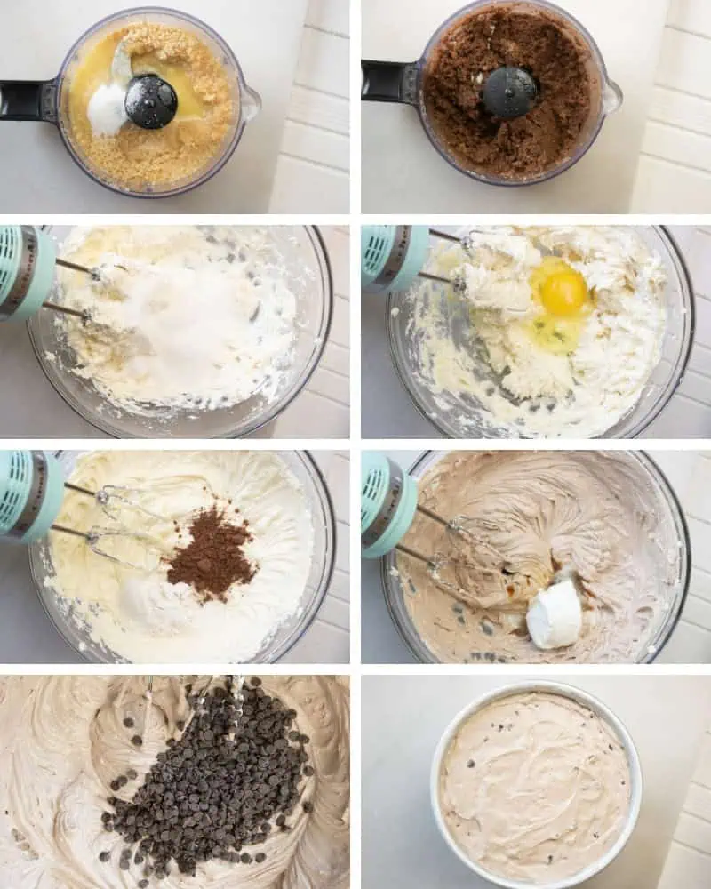 In-process recipe images for making Instant Pot Chocolate Chip Cheesecake.