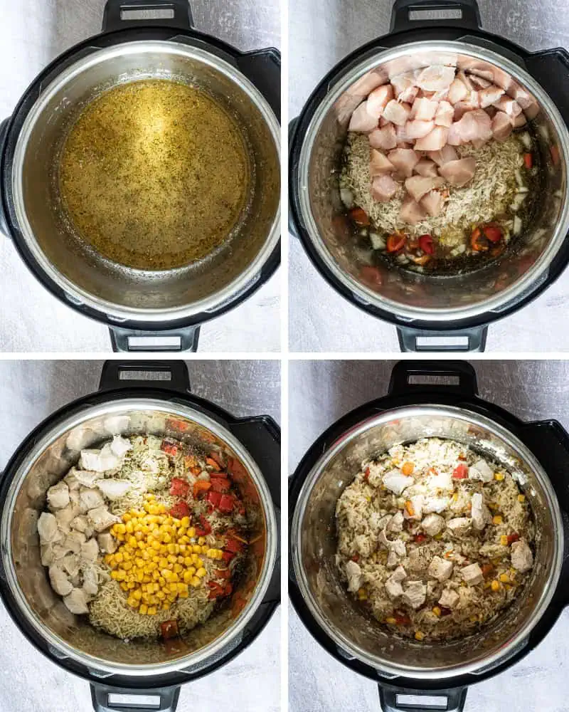 In-process recipe steps to make Instant Pot chicken and rice with vegetables.