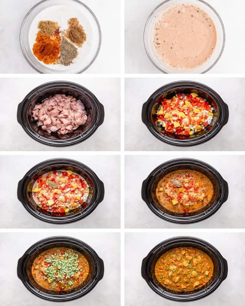 In-process recipe images for making Slow Cooker Chicken Curry.