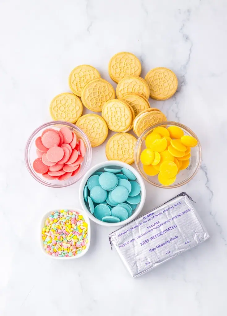 ingredients needed to make the easter oreo truffles made with golden oreos