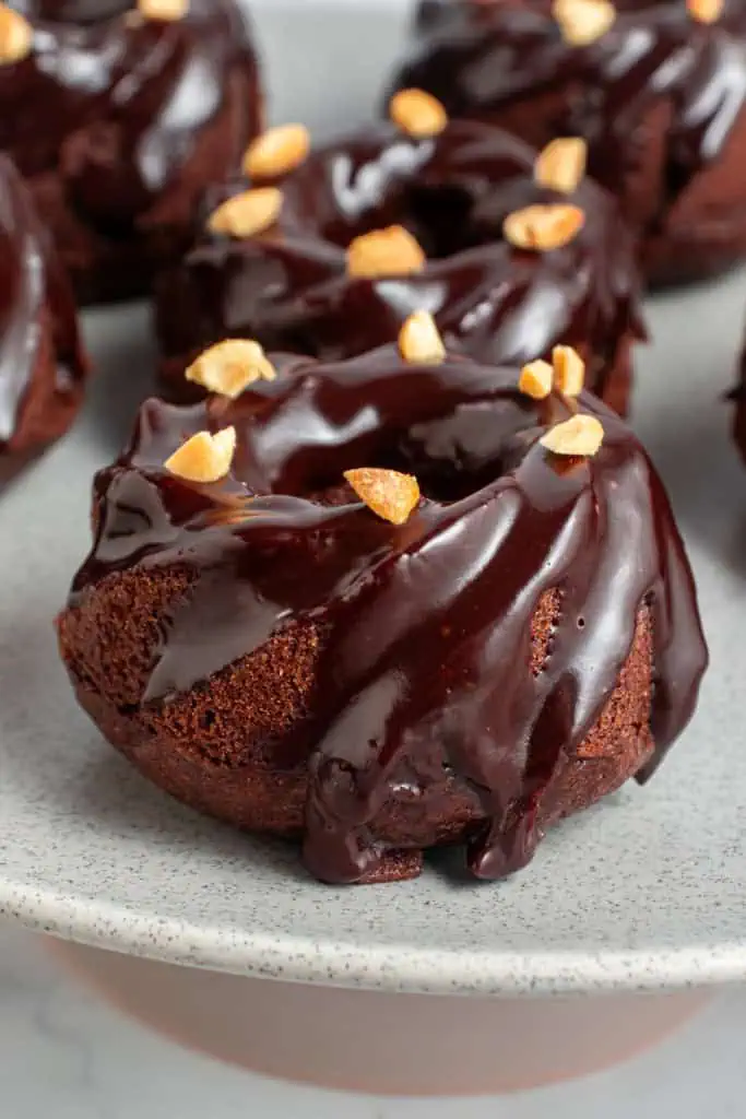 Close up of mini chocolate bundt cakes, topped with chocolate ganache.