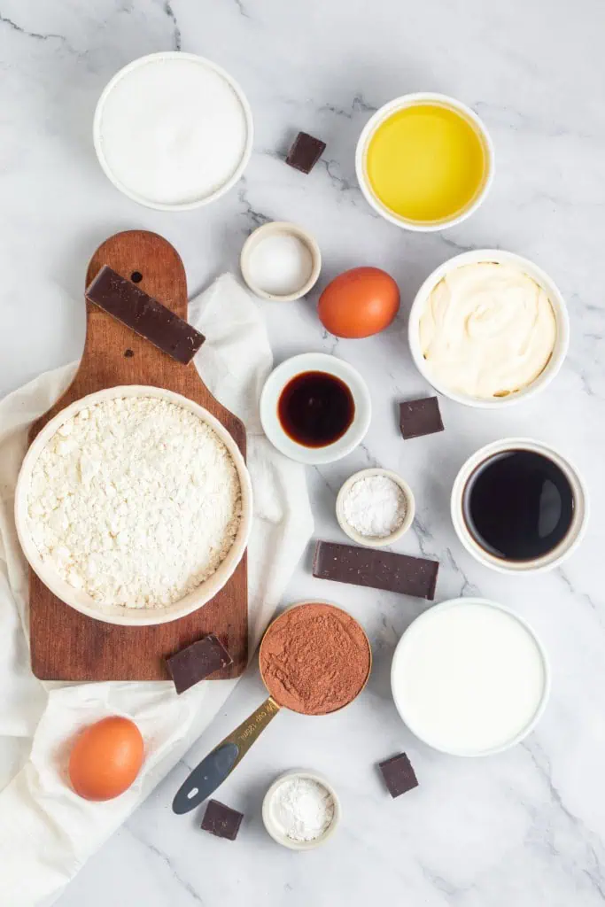 Ingredients to make mini chocolate bundt cakes.