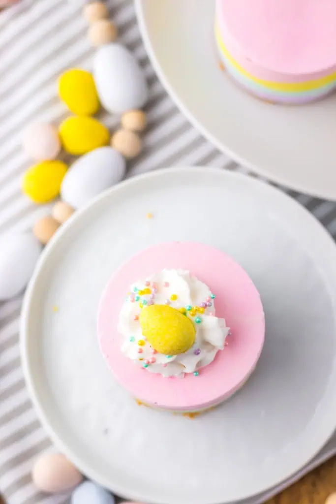 Overhead view of a plated no bake Easter mini cheesecake decorated with whipped cream, sprinkles, and an Easter egg candy.