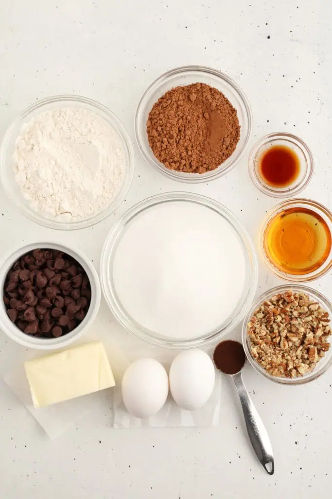 Ingredients to make bourbon pecan brownie bites.