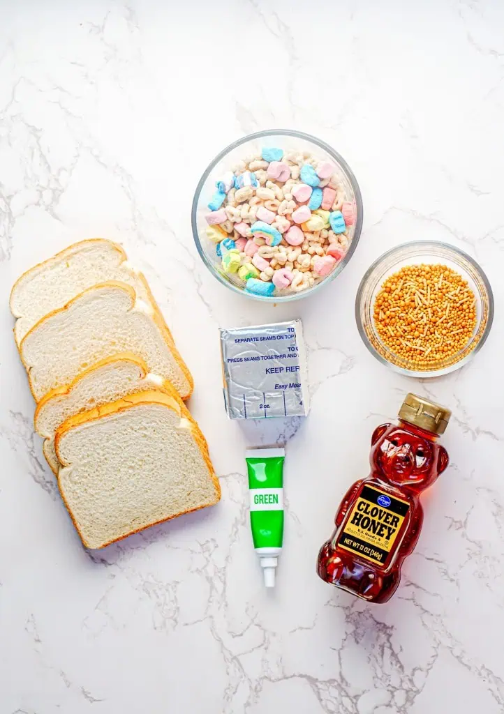 Ingredients to make leprechaun toast on a marble countertop.