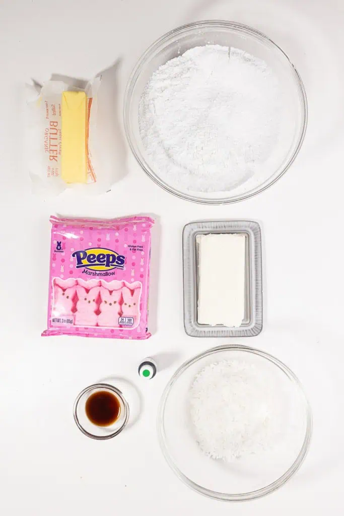 Ingredients to make the cream cheese frosting and green coconut grass to decorate the peeps carrot bundt cake.