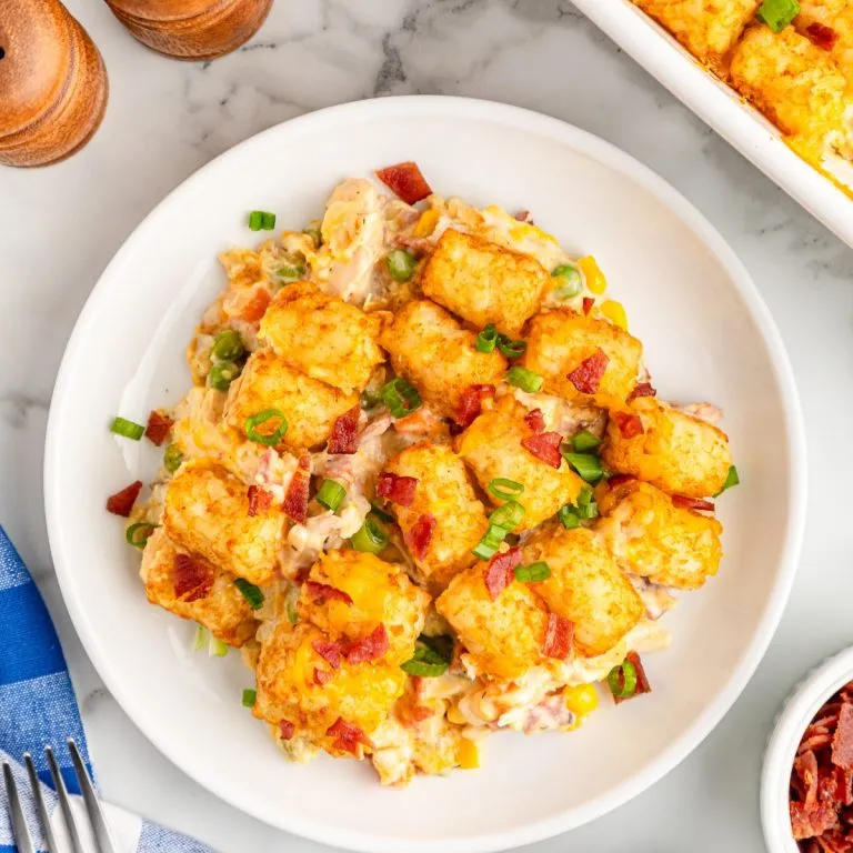 a plate of golden cooked tater tot chicken casserole on a white plate