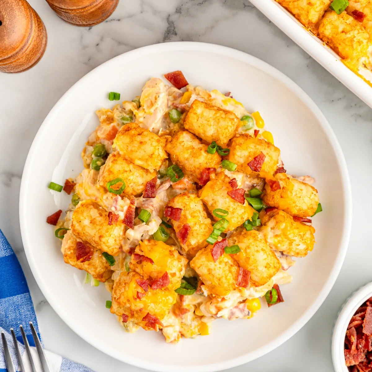 a plate of golden cooked tater tot chicken casserole on a white plate