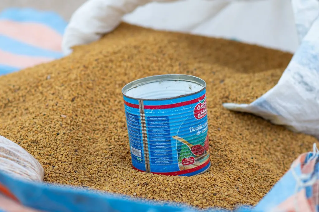 Close-up of fenugreek seeds in a Tunisian market, showcasing local produce.
