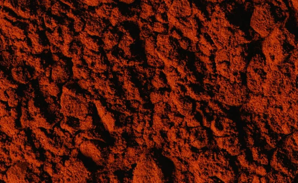 Detailed vertical shot showcasing the rich texture of paprika powder, emphasizing its vibrant red color.