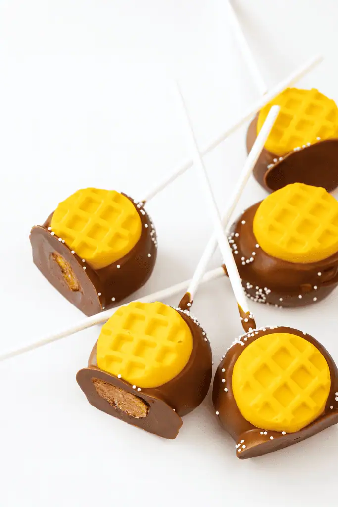 Mini Eggo waffle cake pops with white nonpareils on a white board