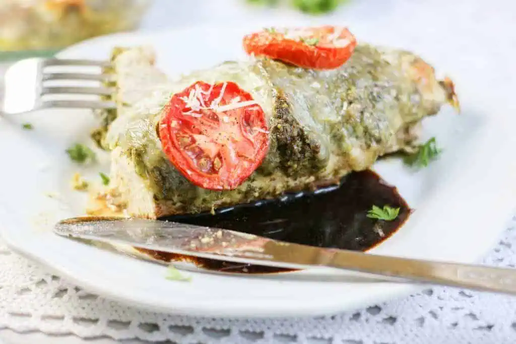 basil pesto chicken served with balsamic reduction