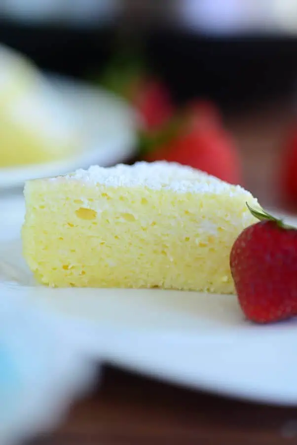 close up view of instant pot japanese cheesecake with strawberry