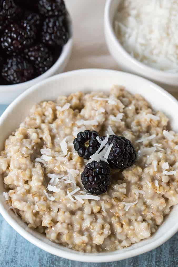 instant pot steel cut oats with blackberries and shredded coconut