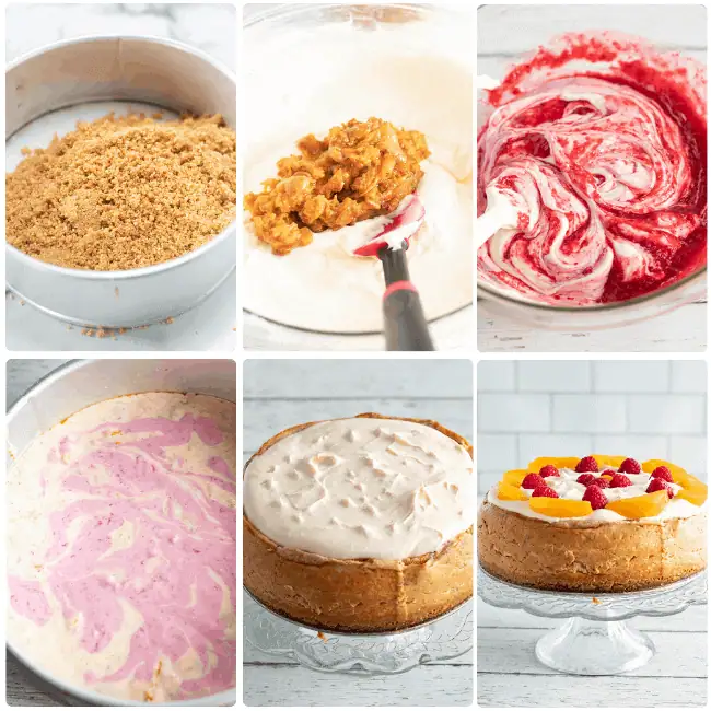 step by step visual process how to make raspberry peach cheesecake in the instant pot