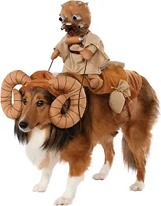 A dog dressed as a Star Wars Bantha