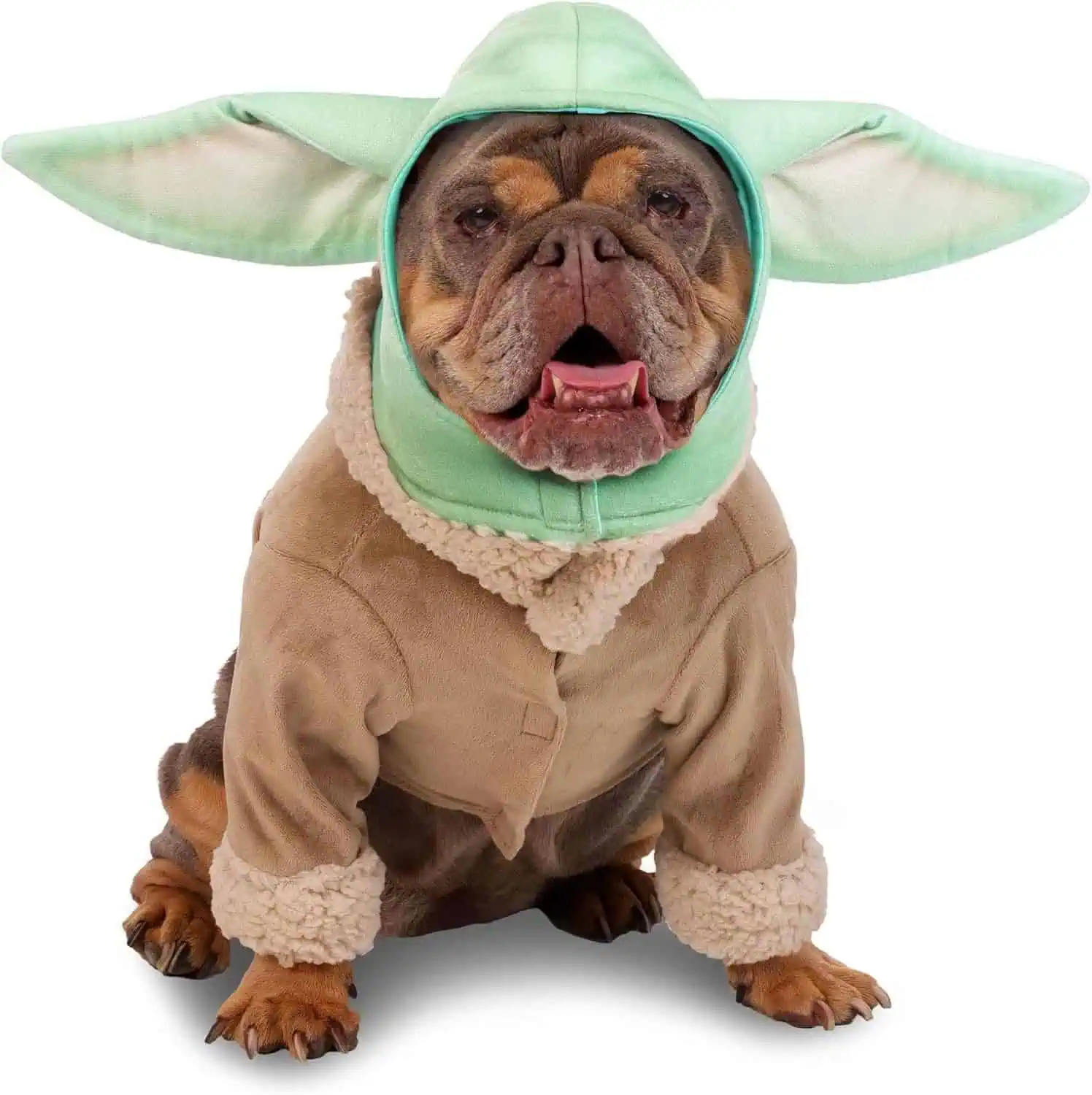 A french bull dog dressed in a grogu pet costume from star wars
