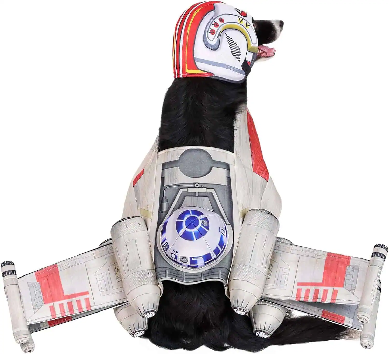 a black dog in an xwing dog costume from star wars