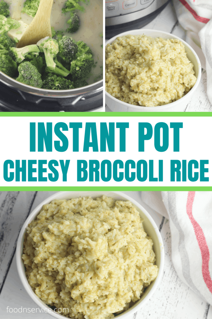 instant pot cheesy broccoli rice in a white bowl on a flat white board with napkin