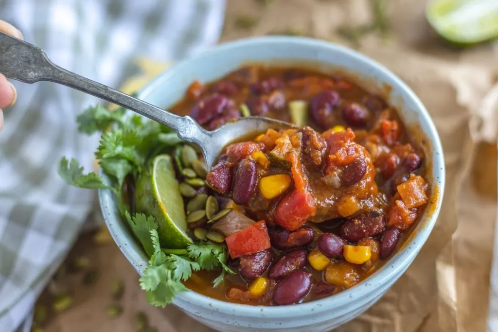 instant pot pumpkin chili in bowl with lime, cilantro, and pepitas