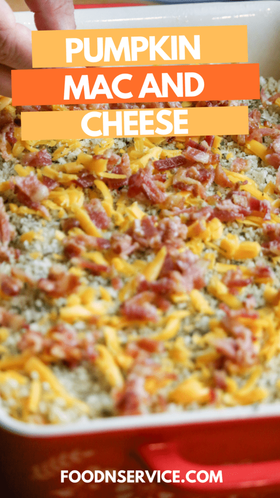 pumpkin mac and cheese topped with crispy bacon pieces