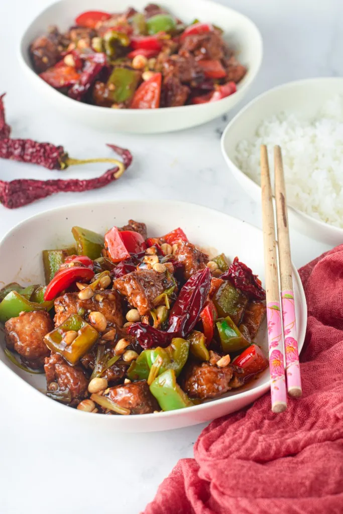 air fryer kung pao chicken with chopsticks