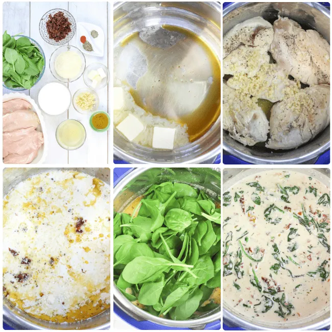 step by step visual guide of making the instant pot tuscan chicken