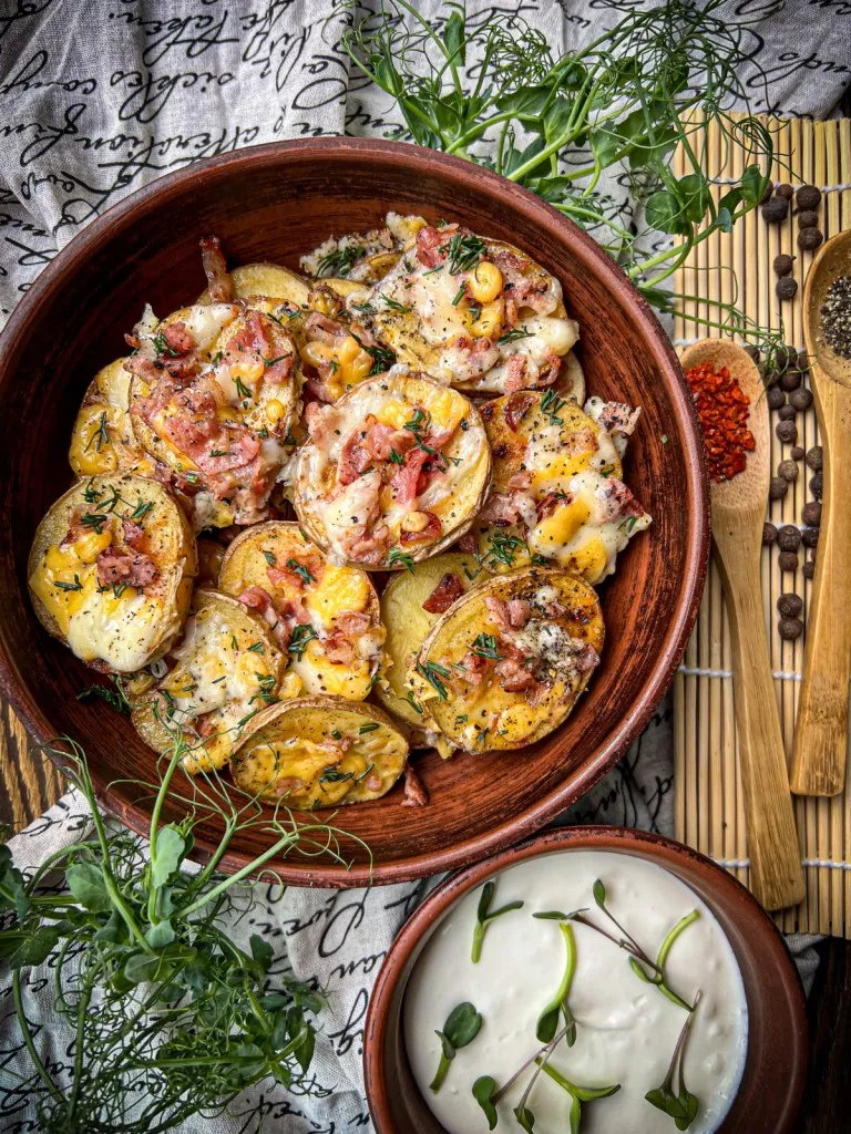 baked potato slices stacked in brown bowl and fresh herbs