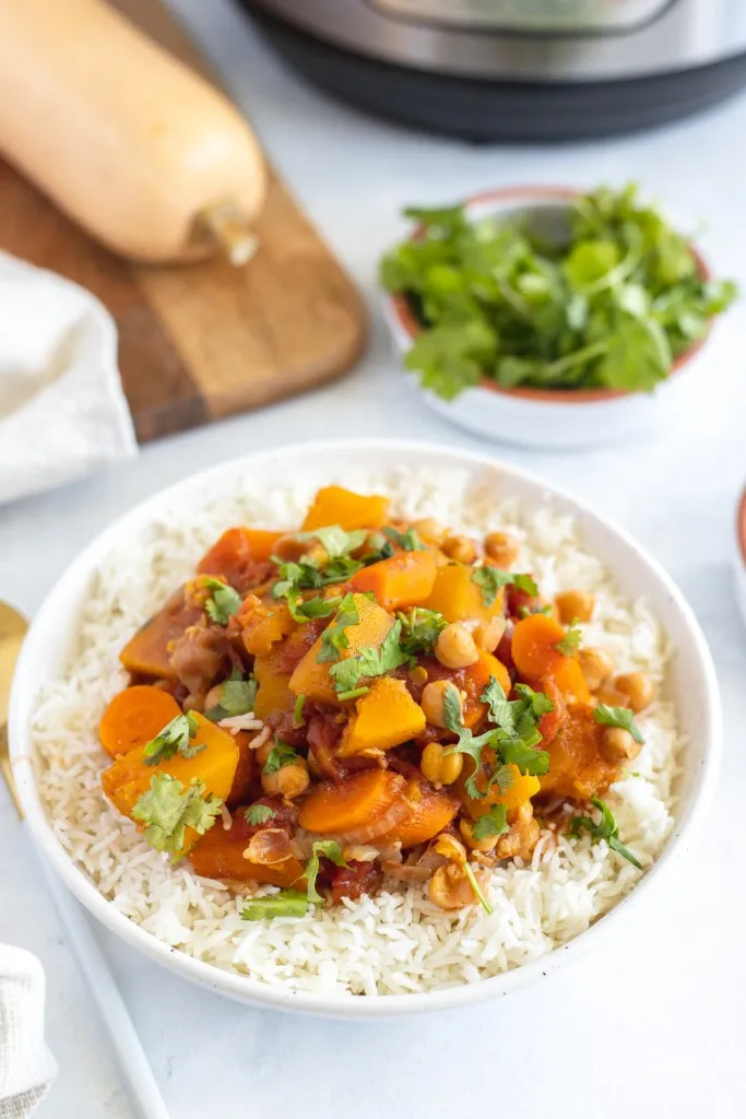 overhead shot of an instant pot vegetarian moroccan stew