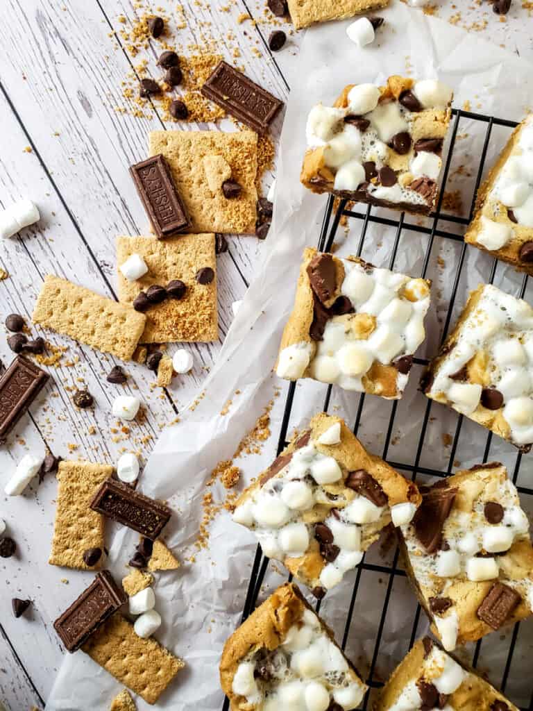 smores bars recipe on a cooling rack 