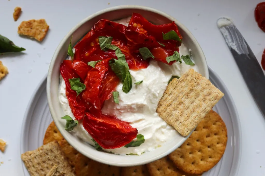 easy feta appetizer with crackers and roasted red peppers