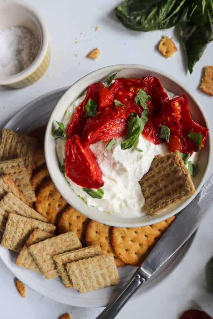 holiday party dip with roasted red peppers, feta, and crackers