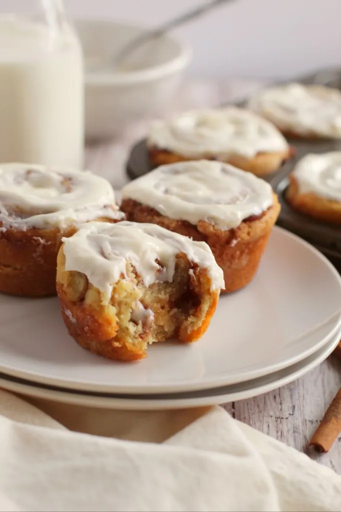 yeast free cinnamon rolls with a glass of milk