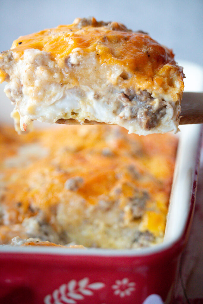 side view of sausage gravy and biscuits casserole