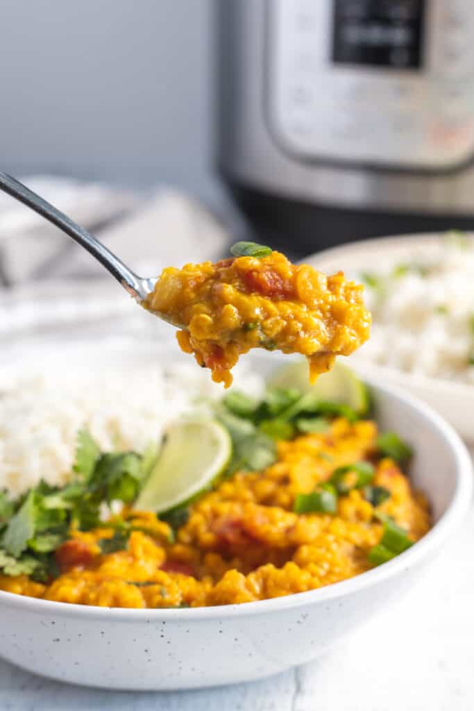 a spoonful of lentil curry made in an instant pot