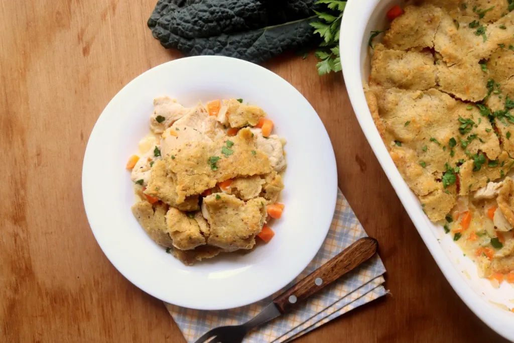 serving of keto chicken pot pie on a white plate