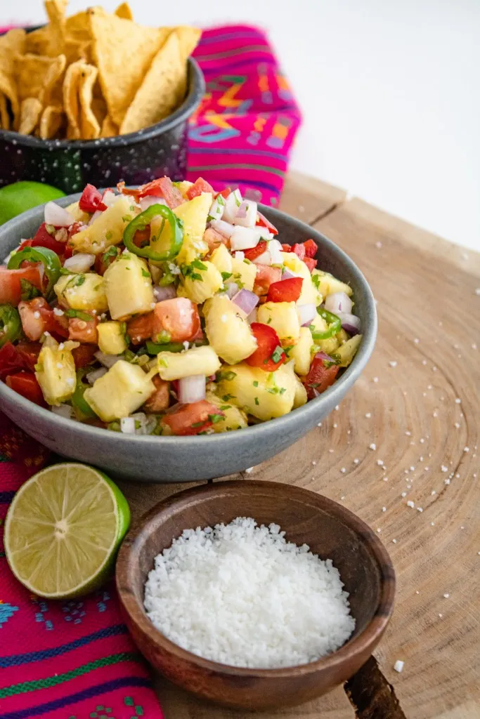 homemade pineapple salsa in a gray bowl
