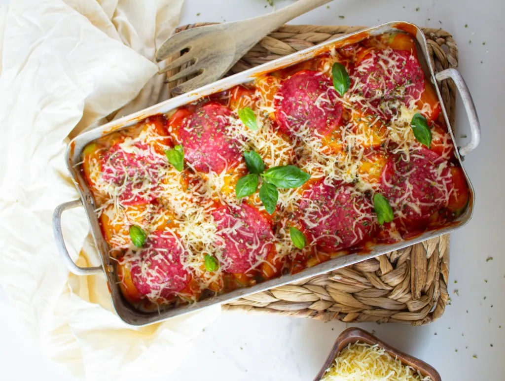pizza gnocchi casserole in a metal pan