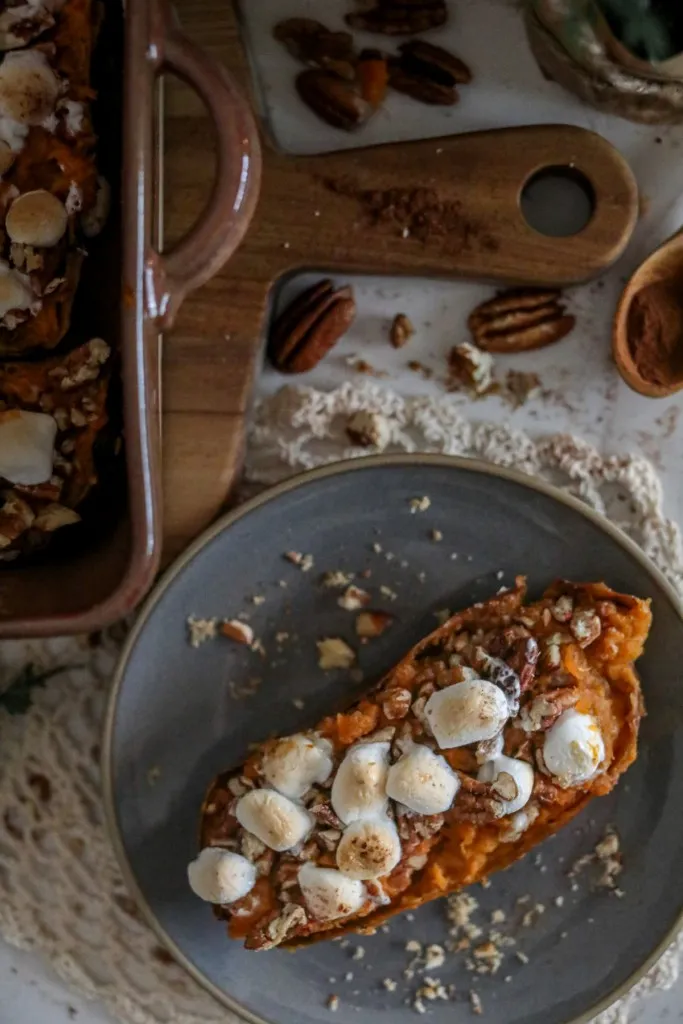 toasted marshmallows on a twice baked sweet potato