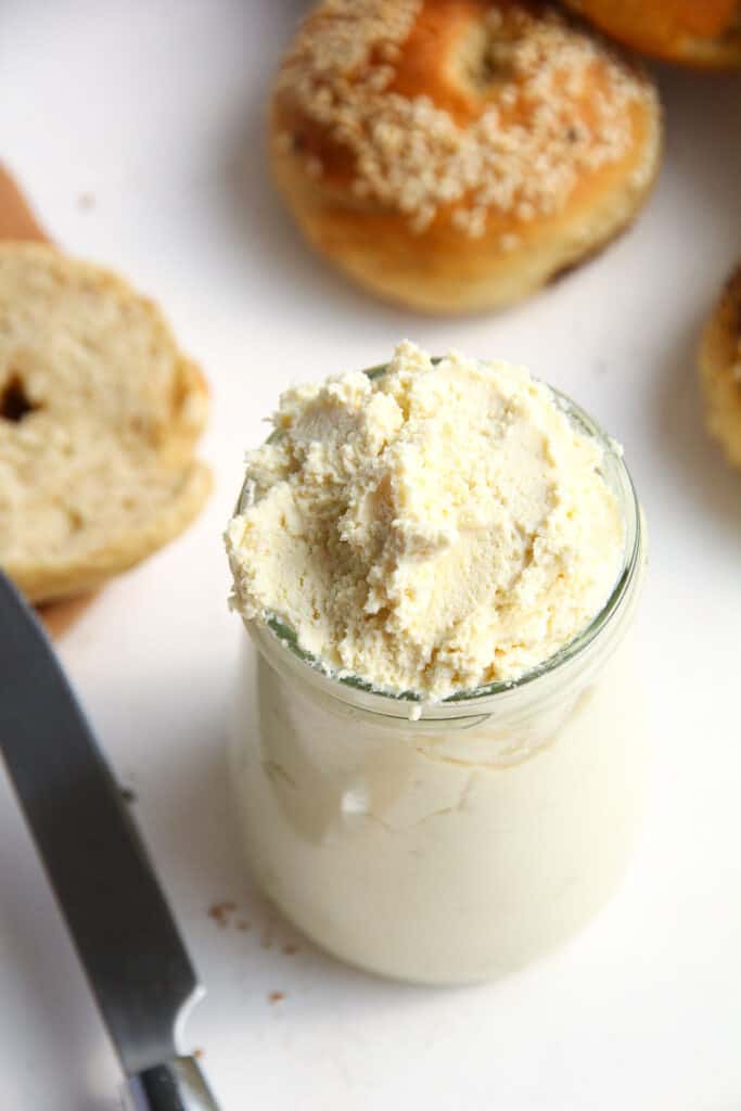 homemade vegan cream cheese in a glass jar