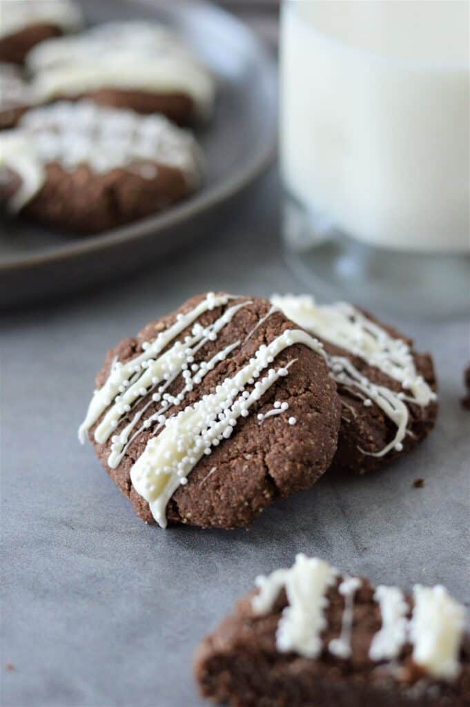 chocolate peppermint cookies with white chocolate drizzles