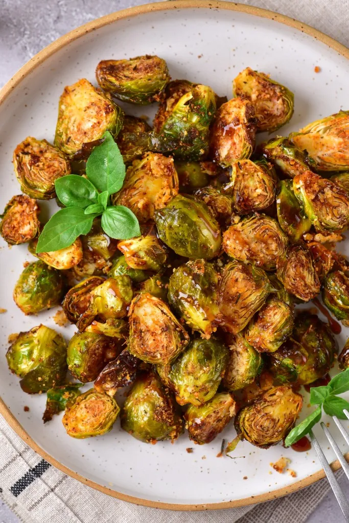 overhead shot of brussels sprouts with a balsamic drizzle